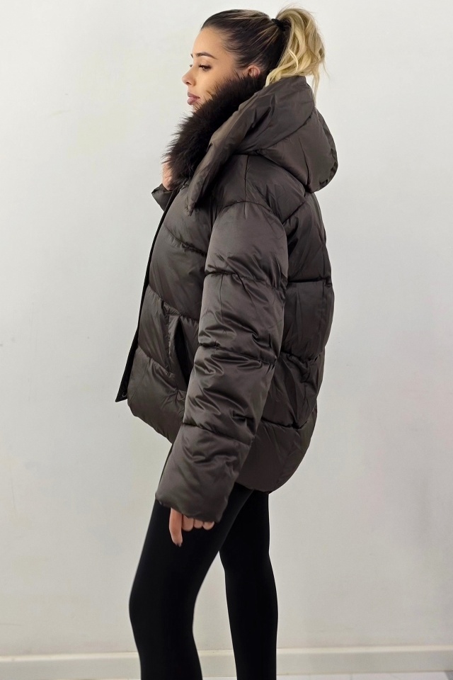 Geaca groasa de fas, SoReal, asimetrica, cu guler din blana eco, MARO