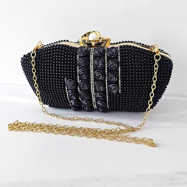 Geanta de ocazie, Opulent Style, de tip clutch, cu detalii decorative florale si perle, Negru