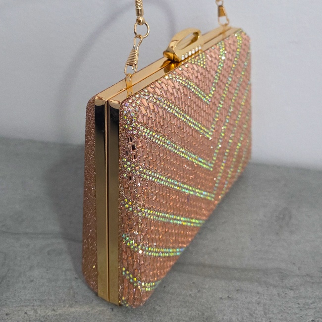 Geanta de seara SUN POP, cu strasuri multicolore si lant detasabil, ROZ - 1 | YEO