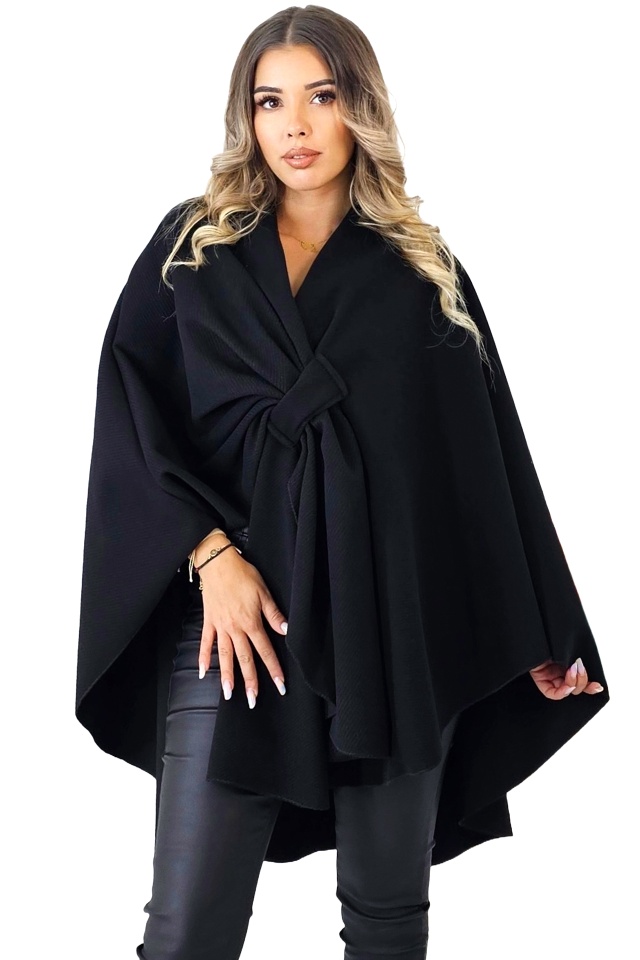 Jacheta dama tip poncho BelaRina, cu funda si croiala oversize, Negru, Marime universala