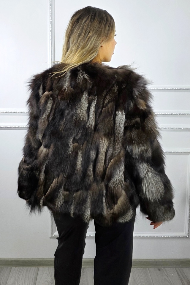 Jacheta din blana naturala de vulpe FELYNA, cu inchidere metalica, Negru/Gri, Marime S/M/L - 1 | YEO