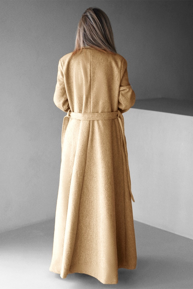 Palton lung cu nasturi Merina, falduri si cordon, Crem, Marime S/M