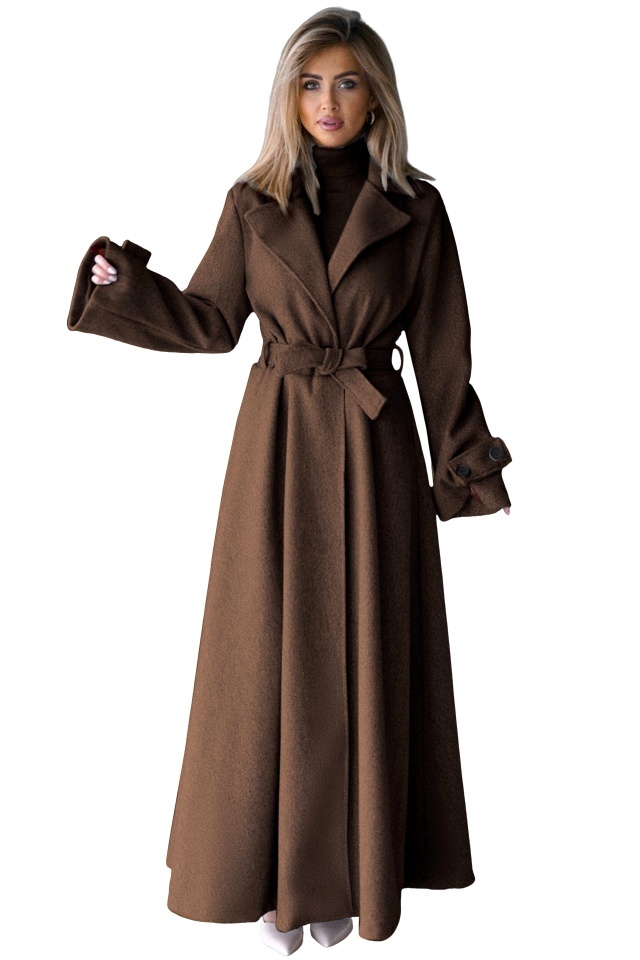 Palton lung cu nasturi Merina, falduri si cordon, Maro, Marime S/M