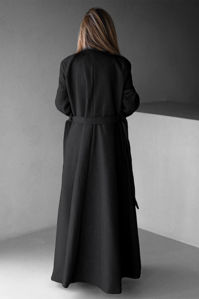 Palton lung cu nasturi Merina, falduri si cordon, Negru Petrol, Marime S/M