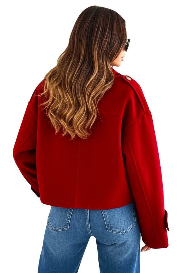 Palton scurt tip fleece Vespera, cu revere si nasturi, Rosu, Marime S/M