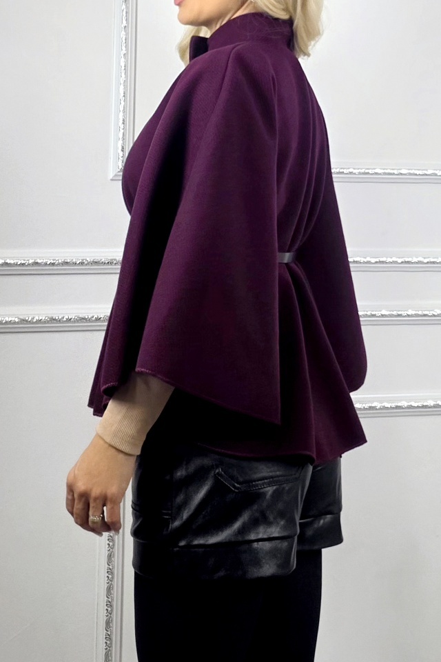 Palton tip poncho Amalia, curea inclusa si croi evazat, Mov inchis, Marime S/M - 1 | YEO