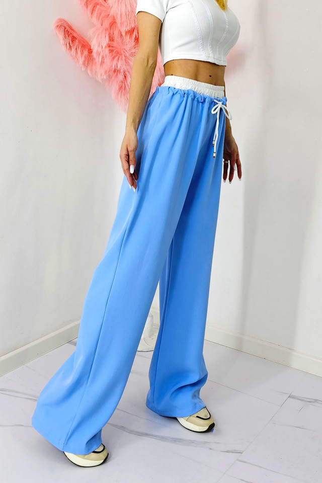 Pantaloni casual ALEF, croiala wide leg si snur in talie, Albastru baby blue, Masura S/M/L - 3 | YEO