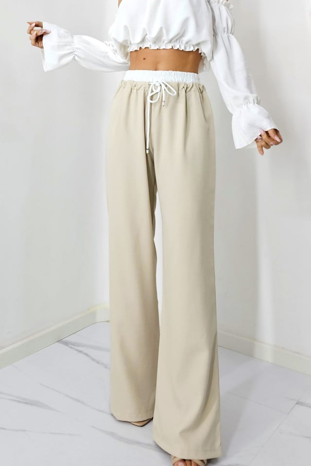 Pantaloni casual ALEF, croiala wide leg si snur in talie, Crem, Masura S/M/L