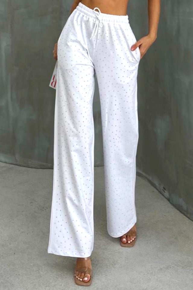 Pantaloni casual Emma, cu cristale aplicate si croiala wide leg, Alb