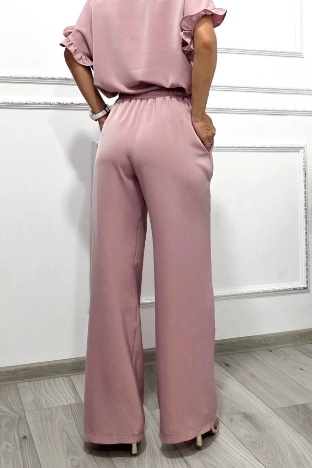 Pantaloni casual vaporosi NORYA, croi larg cu banda elastica, Roz prafuit - 1 | YEO