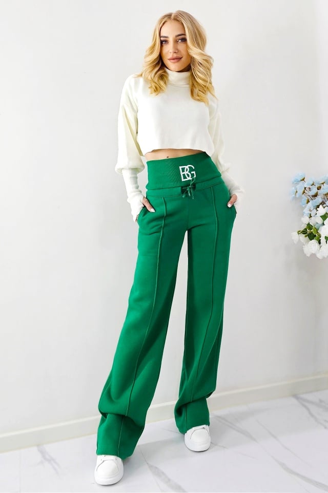 Pantaloni casual, vatuiti de dama BG ChiLL, cu logo brodat, Verde