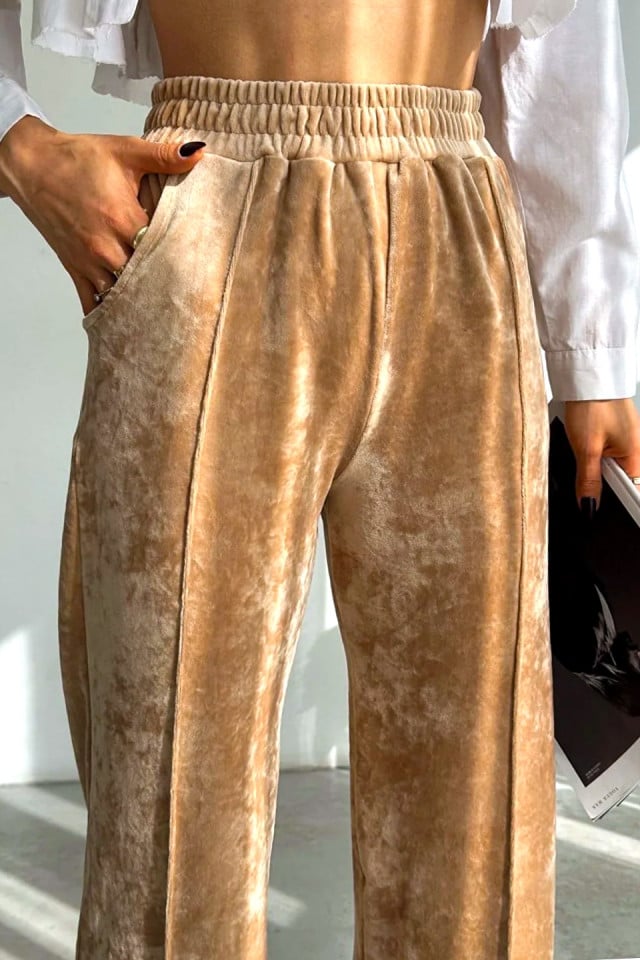 Pantaloni de catifea Touch, croiala lejera cu dunga pe picior, Crem - 3 | YEO