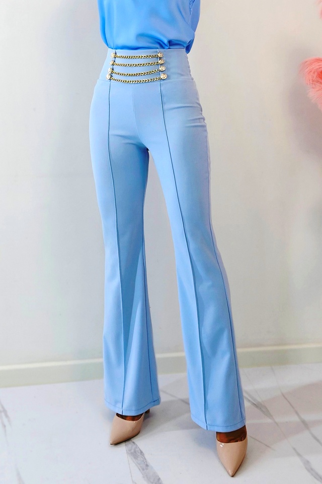 Pantaloni eleganti MEZON, cu fronseuri elastice si lanturi decorative, Baby Blue, Marime S/M