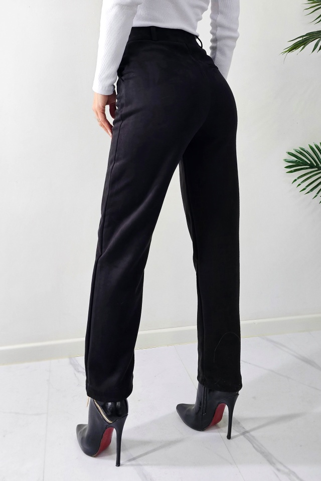 Pantaloni eleganti Silkwood cu aspect de piele intoarsa si textura elastica, Negru - 1 | YEO