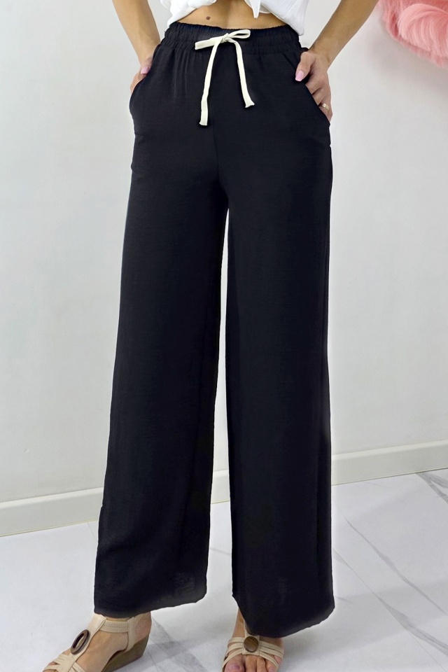 Pantaloni lungi de zi, bumbac MERON, cu snur si croi larg, Negru - 3 | YEO