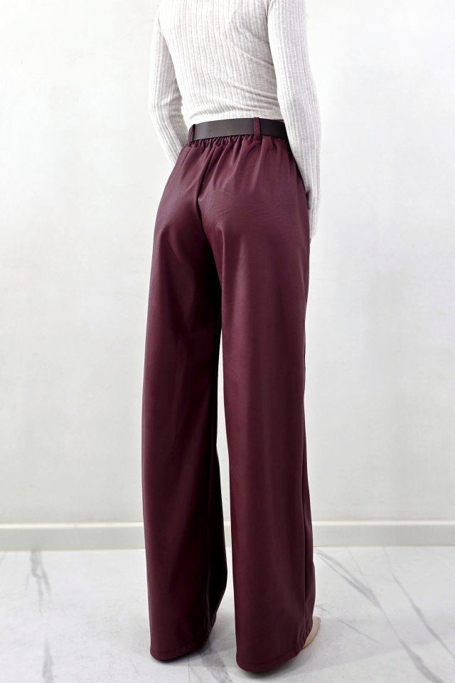 Pantaloni lungi, vatuiti din piele eco, Leonis, cu banda elastica si buzunare, Bordo, Marime S/M