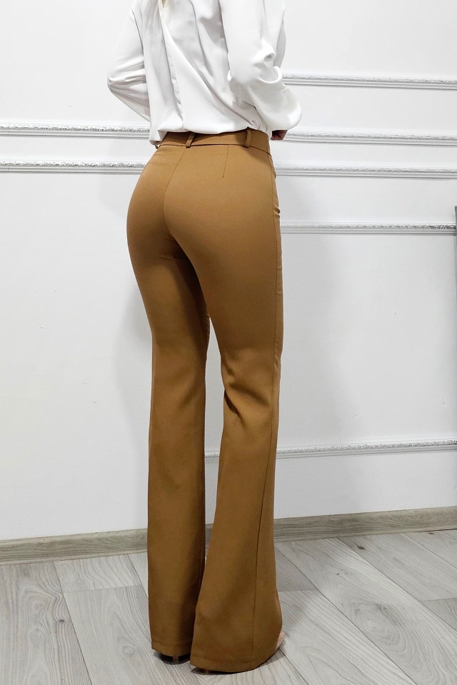 Pantaloni office Katte, croiala slim evazata si talie inalta, Bej Mocha Mousse - 1 | YEO