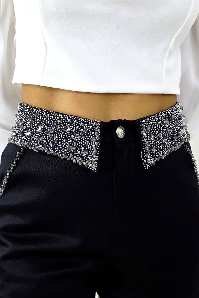 Pantaloni scurti eleganti MAVY, accesorizati cu cristale si detalii artizanale, Negru - 2 | YEO