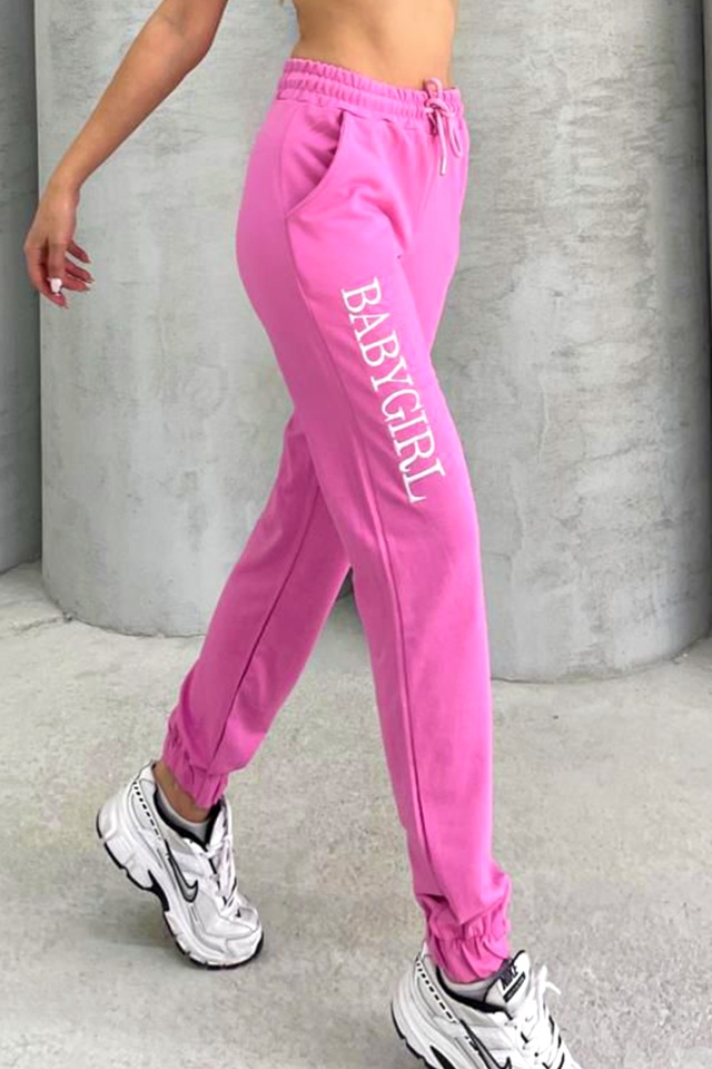 Pantaloni sport ISSA BabyGirl, cu imprimeu si banda elastica, Roz - 3 | YEO