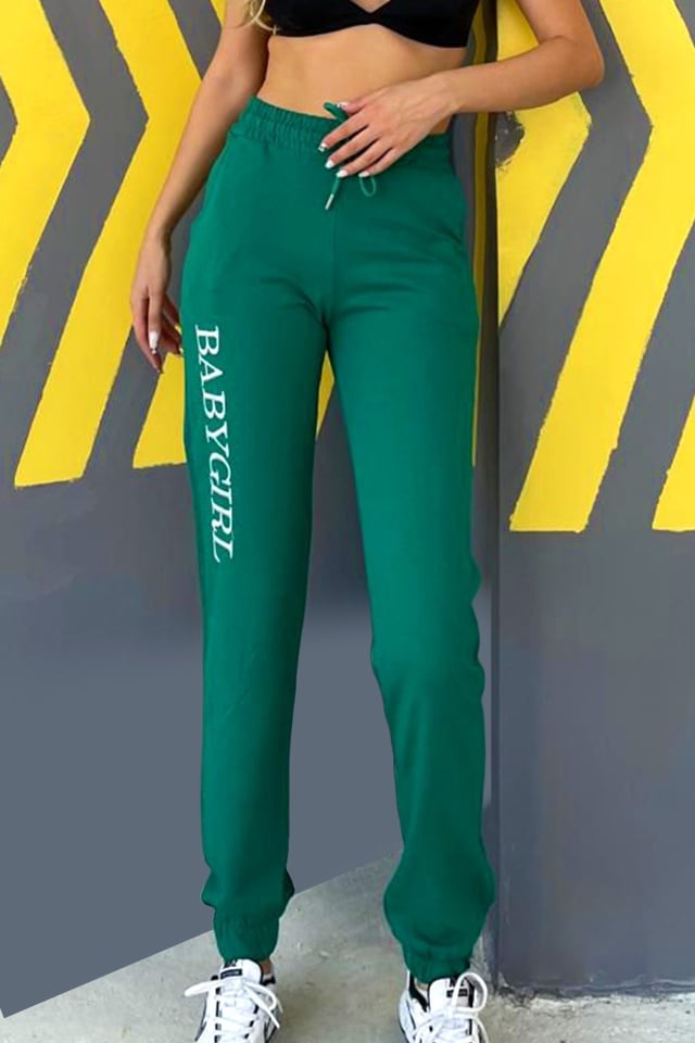 Pantaloni sport ISSA BabyGirl, cu imprimeu si banda elastica, Verde - 2 | YEO