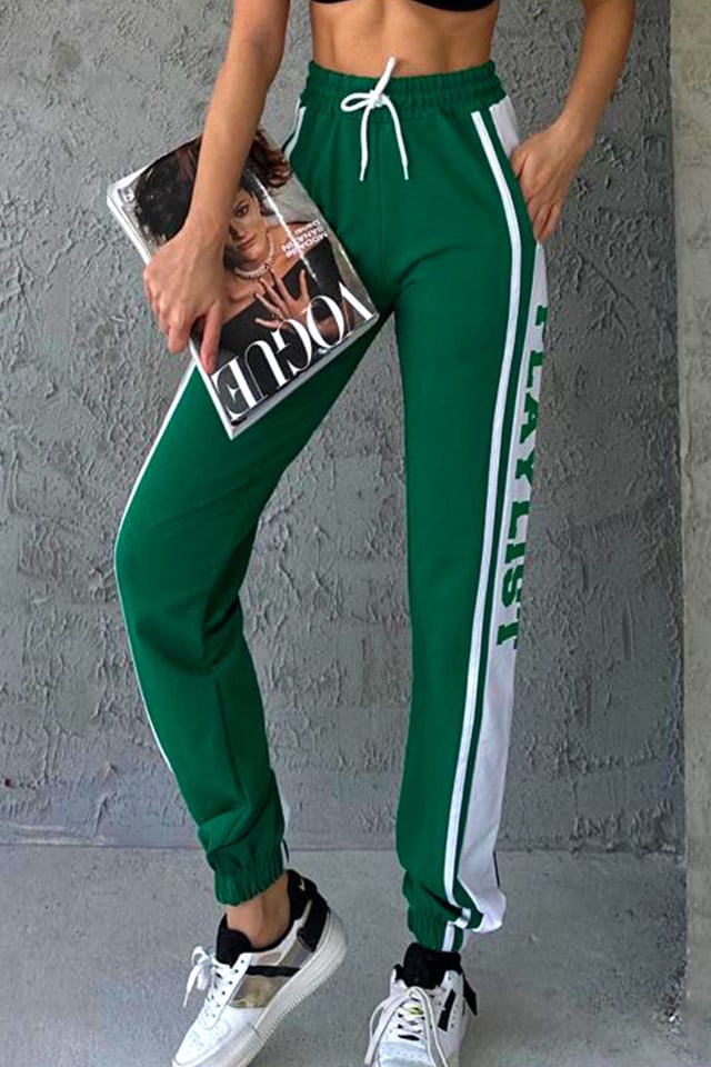 Pantaloni sport Playlist, cu imprimeu bicolor si banda elastica, Verde - 3 | YEO