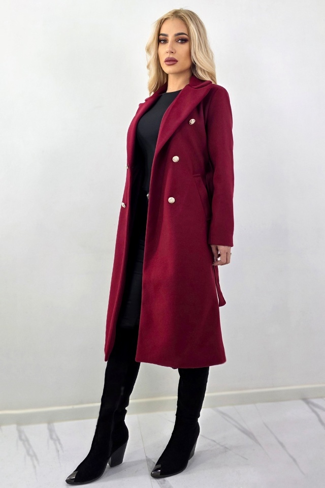 Pardesiu subtire, midi, AVELYN, cu butoni aurii si cordon, Rosu bordo