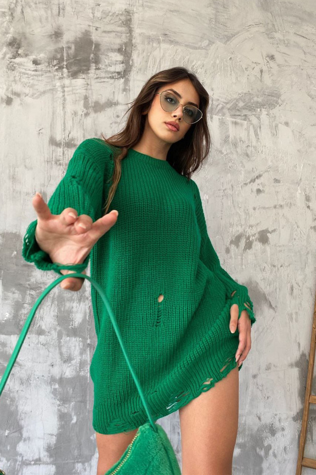 Pulover lung tricotat Laura, cu decupaje in material, Verde, Marime universala S/M/L - 1 | YEO