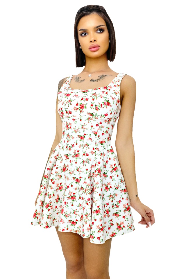 Rochie babydoll MARA, cu funda la spate si imprimeu floral, Alb, Marime S/M/L