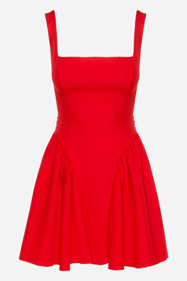Rochie babydoll MARA, cu funda la spate si imprimeu uni, Rosu, Marime S/M/L