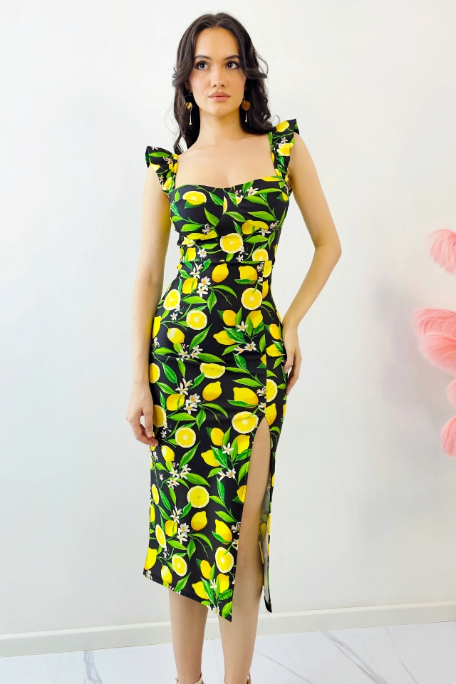 Rochie bodycon Ditsy, sliț adanc si imprimeu cu lămâi, Negru, Marime S/M