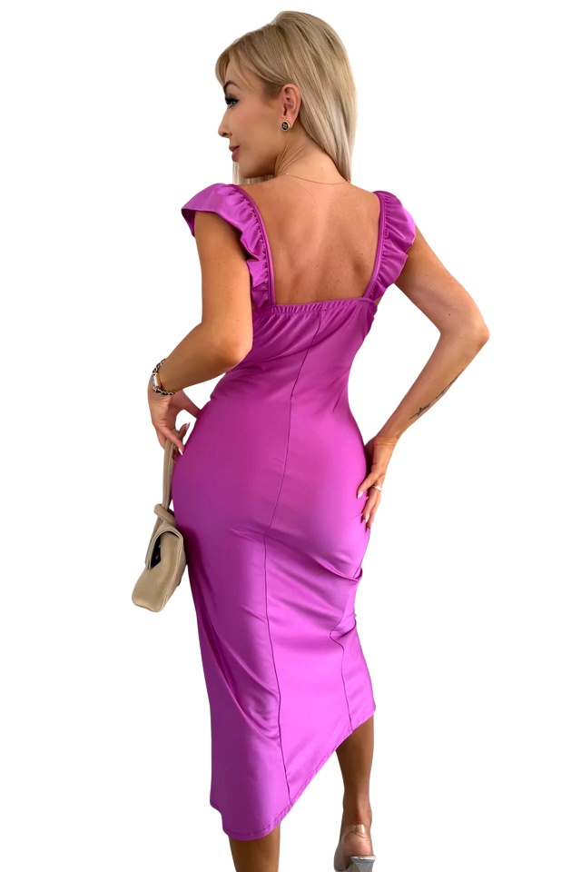 Rochie bodycon Ditsy UNI, cu volanase si crapatura pe picior, MOV, Marime S/M
