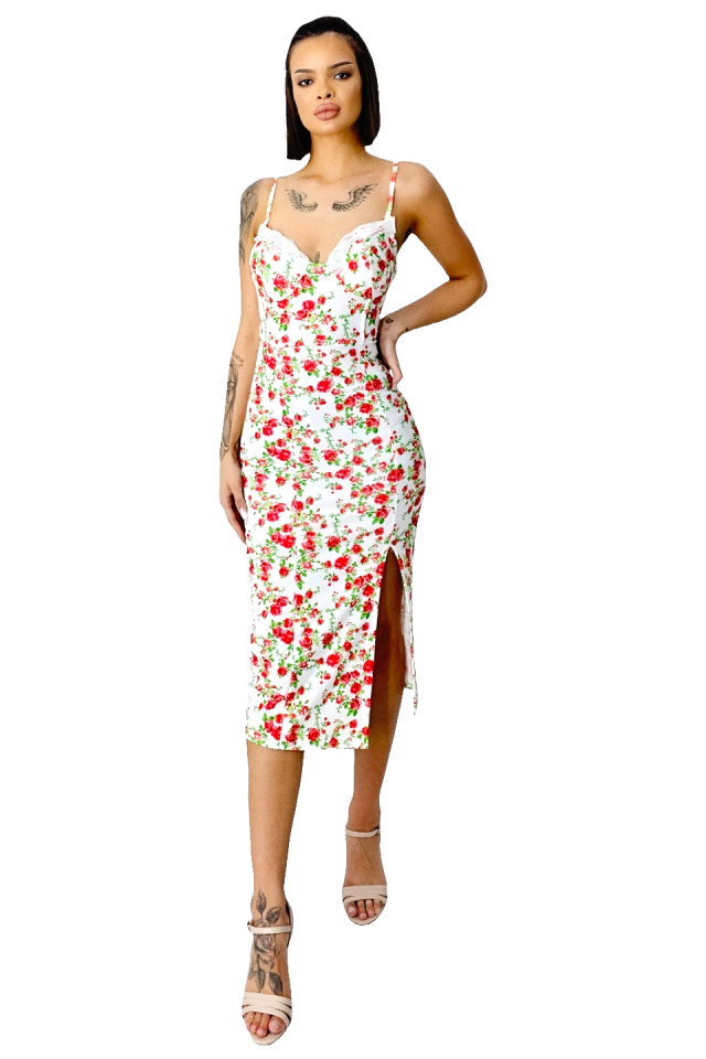 Rochie bodycon Drosera, cu dantela si imprimeu floral, Alb/Rosu, Marime S/M