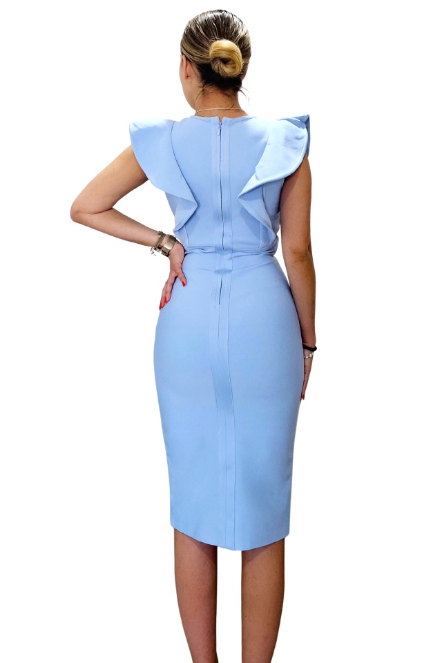 Rochie business MORENA, cu decolteu adanc si talie evidentiata, Baby Blue