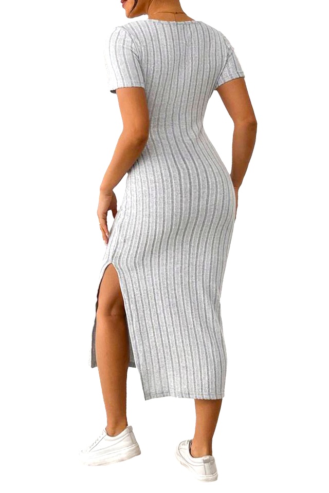 Rochie casual FeeL tricot ALIZA, cu slit lateral si maneca scurta, Gri, M/ - 1 | YEO