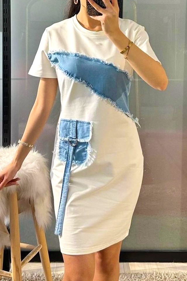 Rochie casual Nymar, cu detalii din denim si maneca scurta, Alb