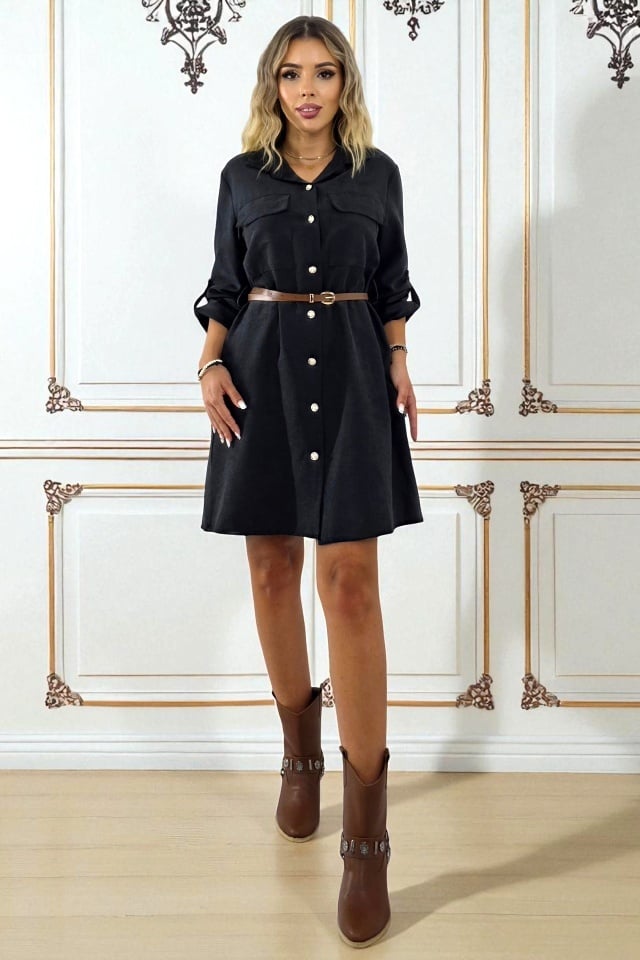 Rochie casual, scurta Kayla, cu revere si curea, Negru, Marime S/M