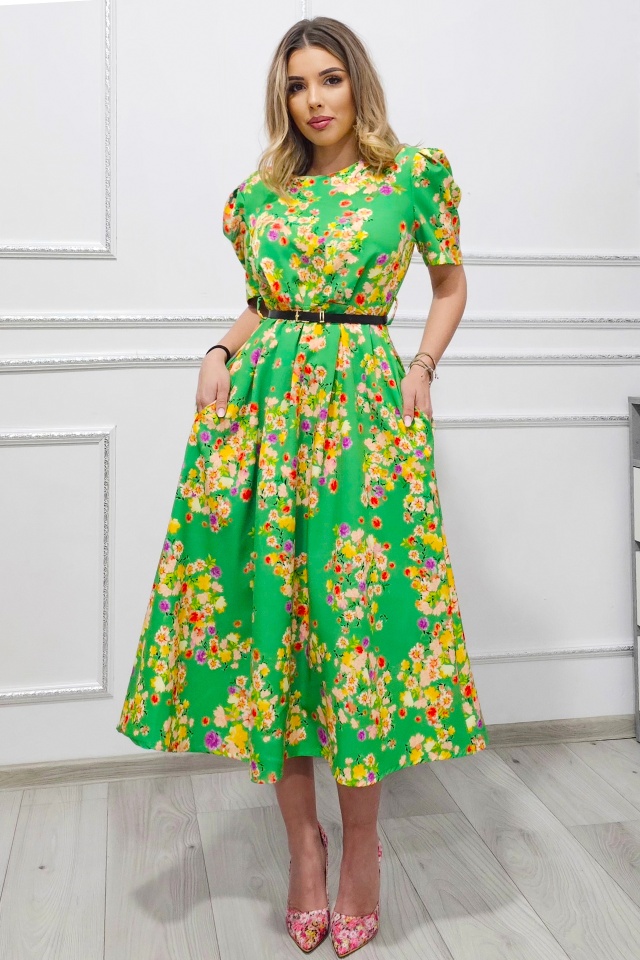 Rochie cu buzunare SOREYA, cu maneca bufanta si curea in ton, Verde Floral, Marimea S/M - 2 | YEO