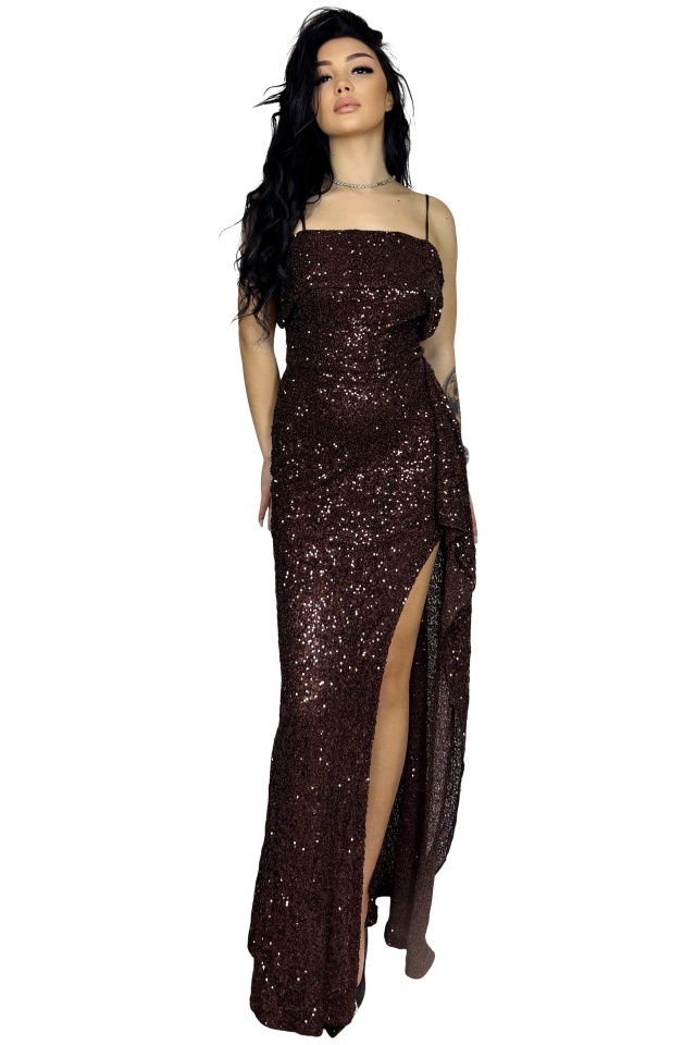 Rochie cu paiete Naelle, bretele si overlay drapat, Maro, Marime S/M