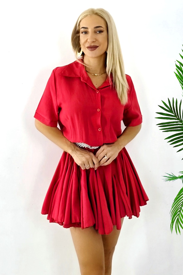 Rochie cu volane Peony Pearl, babydoll si curea inclusa, Rosu, Marime S/M