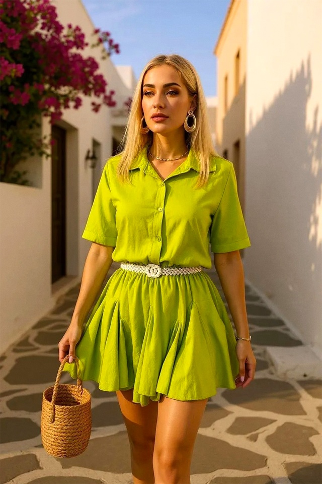 Rochie cu volane Peony Pearl, babydoll si curea inclusa, Verde, Marime S/M