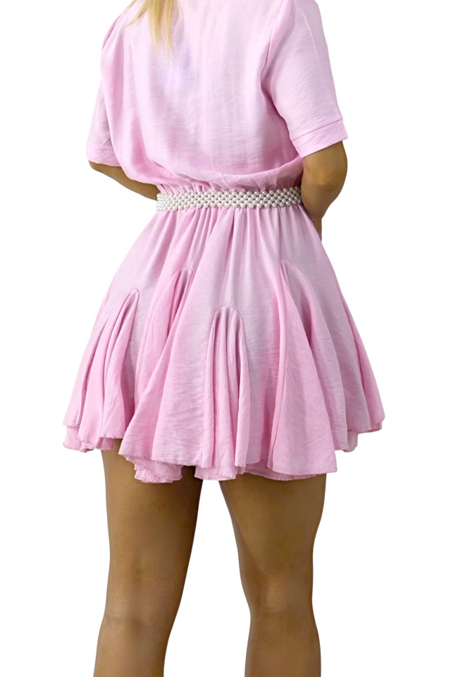 Rochie cu volane Peony Pearl, tip camasa si curea inclusa, Roz, Marime S/M