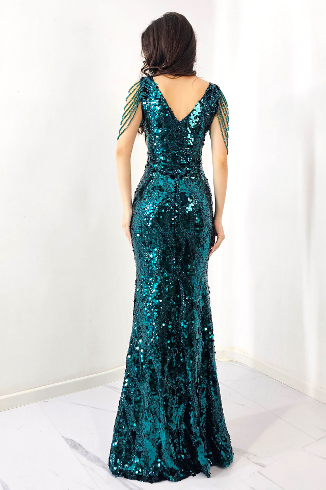 Rochie de eveniment Majestic, cu paiete, cristale si croiala tip sirena, Verde marin