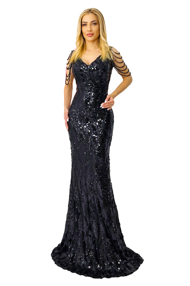 Rochie de eveniment Majestic, cu paiete, cristale si croiala tip sirena, Negru