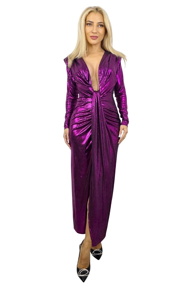 Rochie de evenimente Julietta, cu umeri evidentiati si falduri, Mov, Marime S/M