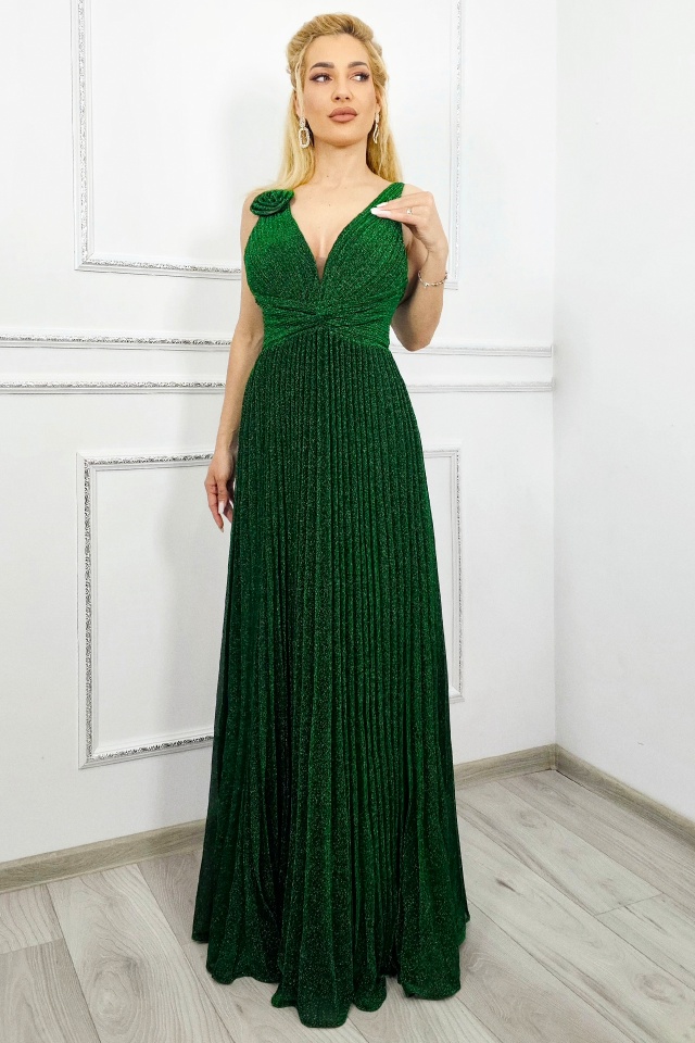 Rochie de ocazie AZARIA, cu pliuri si croiala empire, Verde Smarald
