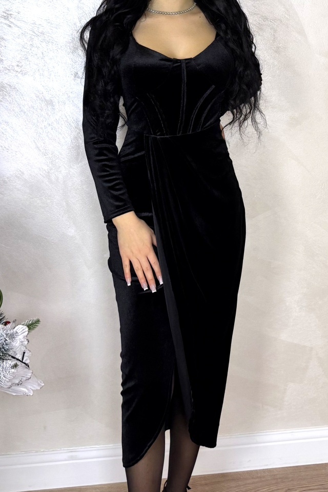 Rochie de ocazie, catifelata Kassia, cu aspect petrecut, Negru, Marime S/M