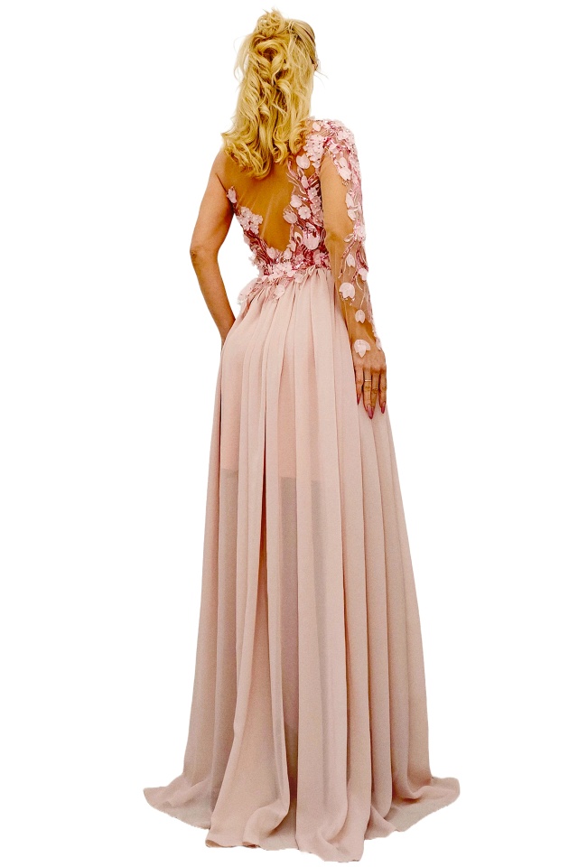 Rochie de ocazie CHISHA, cu detalii florale si insertii voal, Peach Fuzz, Marimea S