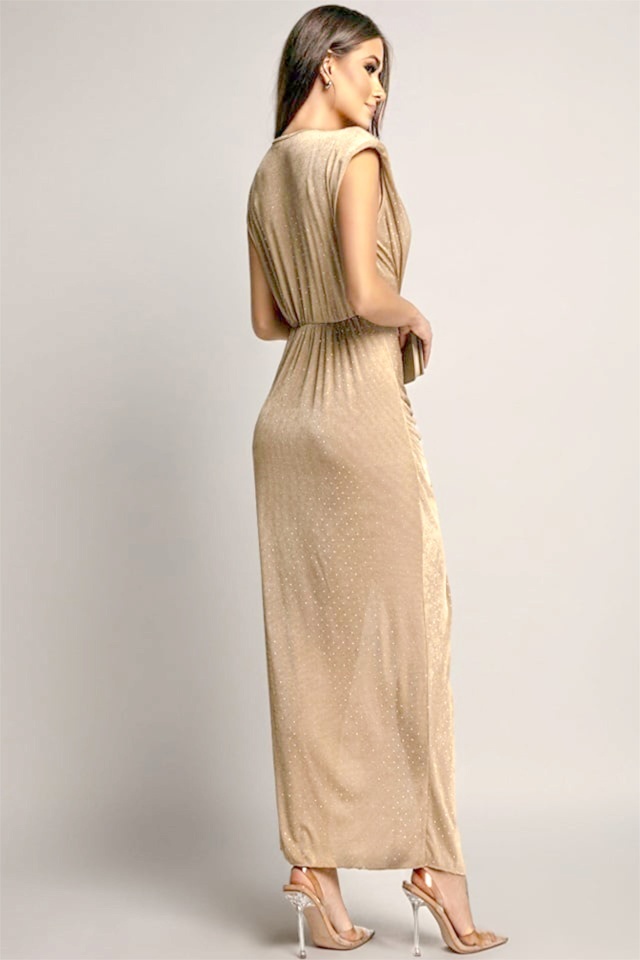 Rochie de ocazie cu cristale JHOSY si decolteu adanc, Crem, Marime S/M