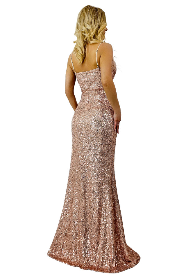 Rochie de ocazie Miss Bonita, cu aspect petrecut, paiete si pene decorative, Peach Fuzz