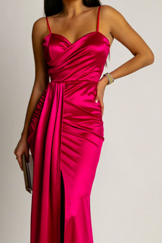 Rochie de seara satinata, OLyna, cu crapatura ampla si fald lateral, Fucsia, Marime S/M